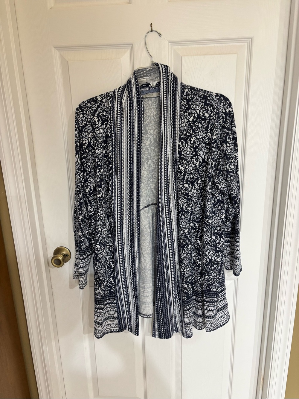 Dalia Navy and White Open-Front Printed Cardigan